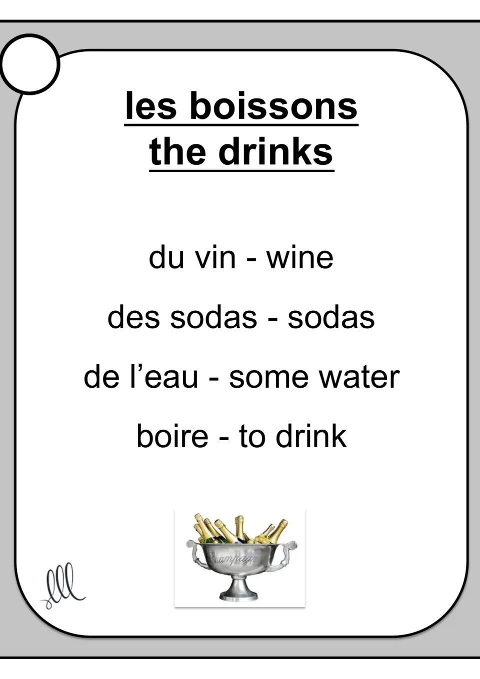 French Taboo card for les boissons (the drinks), with wine, sodas, water, and drink as taboo terms