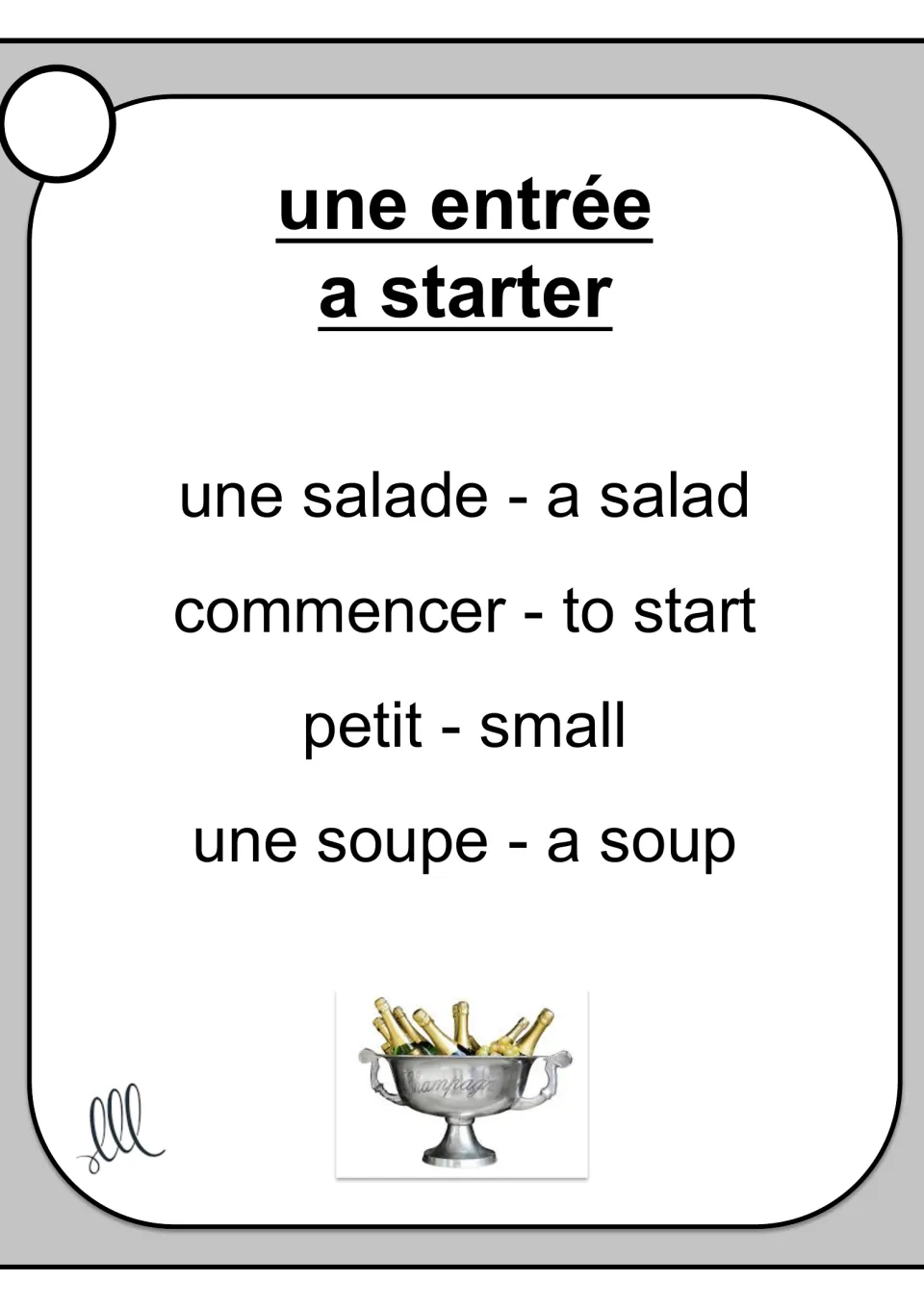 French Taboo card for une entrée (a starter), with salad, start, small, and soup as the four taboo terms