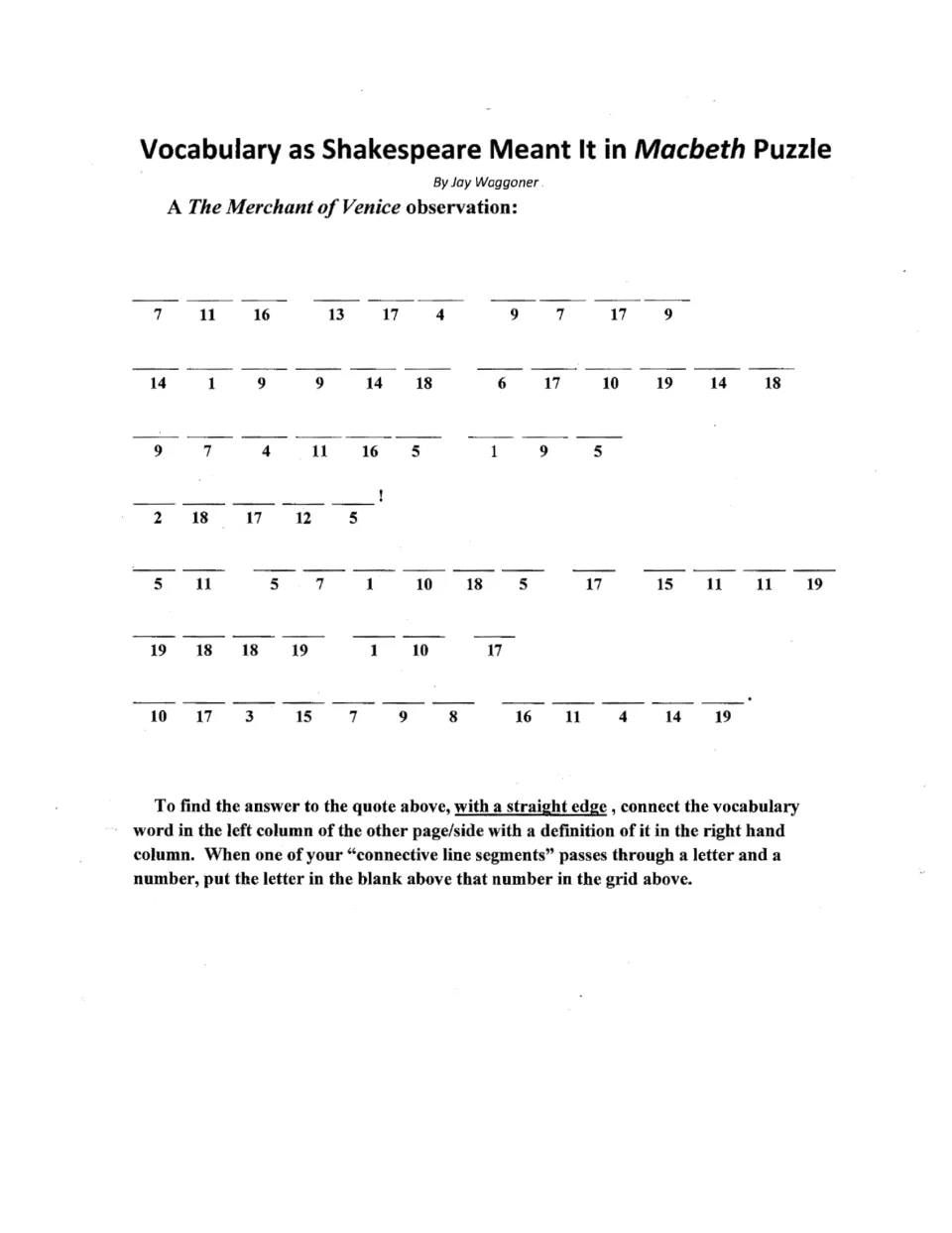Quotation puzzle for Macbeth vocabulary: decode an observation from The Merchant of Venice using numbered clues.
