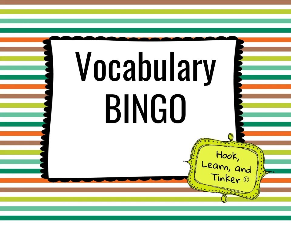 Cover of the vocabulary bingo resource, labeled “Vocabulary BINGO” and credited to Hook, Learn, and Tinker.