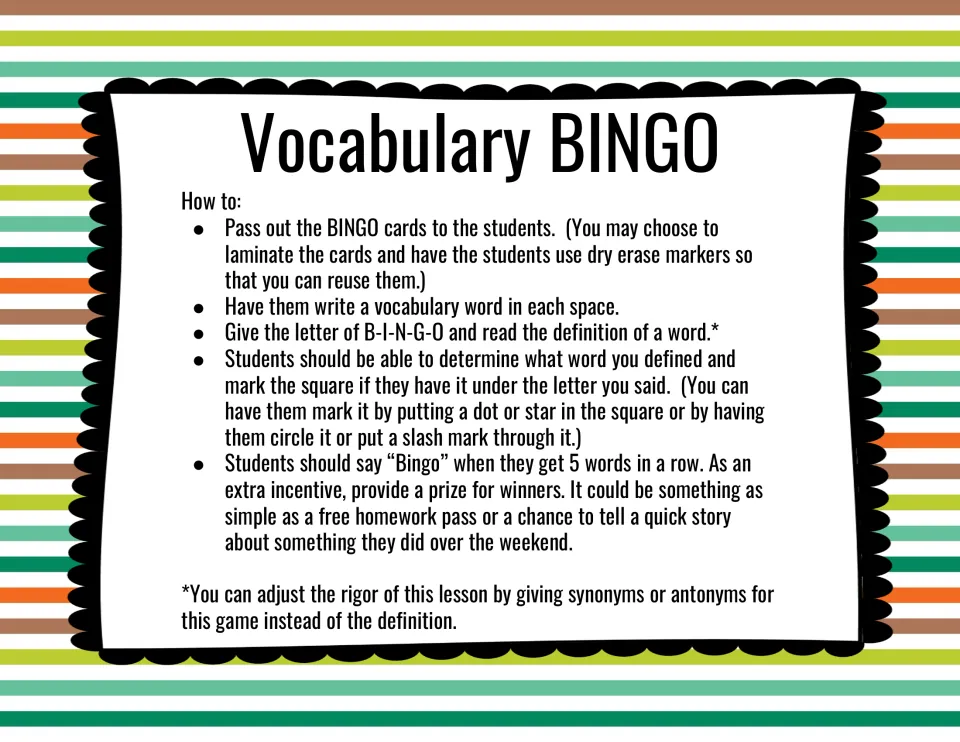 Directions for vocabulary bingo: write words, match spoken definitions, and call “Bingo” for five in a row.