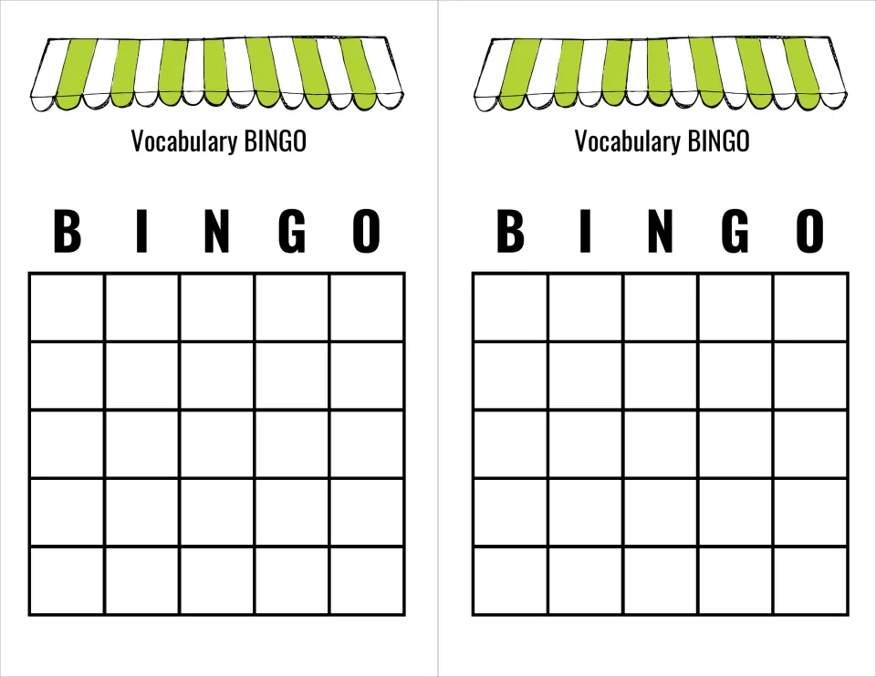 Two blank vocabulary bingo cards, each labeled B-I-N-G-O, for students to fill with 25 vocabulary words.