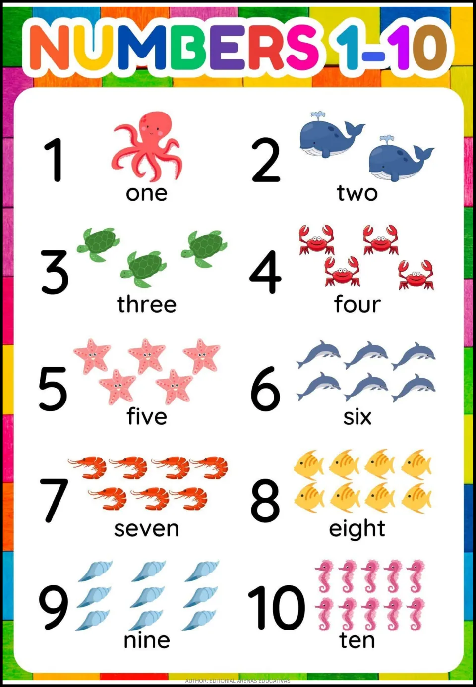 Number vocabulary page pairing numerals 1–10 with number words one through ten and sea animal pictures