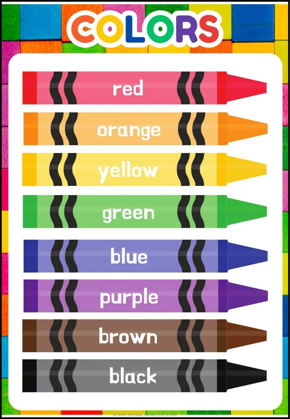 Color vocabulary page showing crayons labeled red, orange, yellow, green, blue, purple, brown, and black