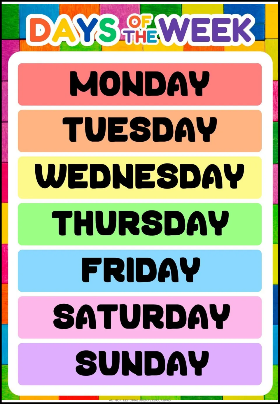 Days of the week vocabulary page listing Monday, Tuesday, Wednesday, Thursday, Friday, Saturday, and Sunday