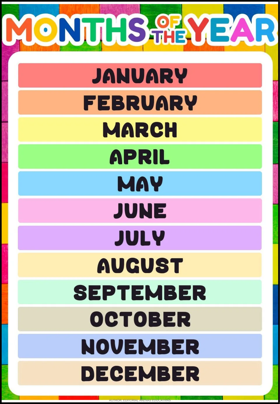 Months of the year vocabulary page listing all twelve months in calendar order, from January to December