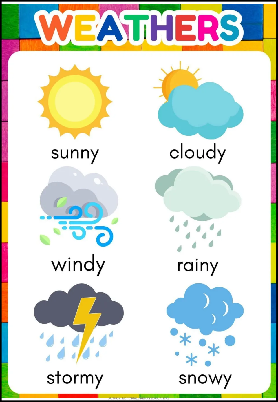 Weather vocabulary page pairing pictures with the words sunny, cloudy, windy, rainy, stormy, and snowy