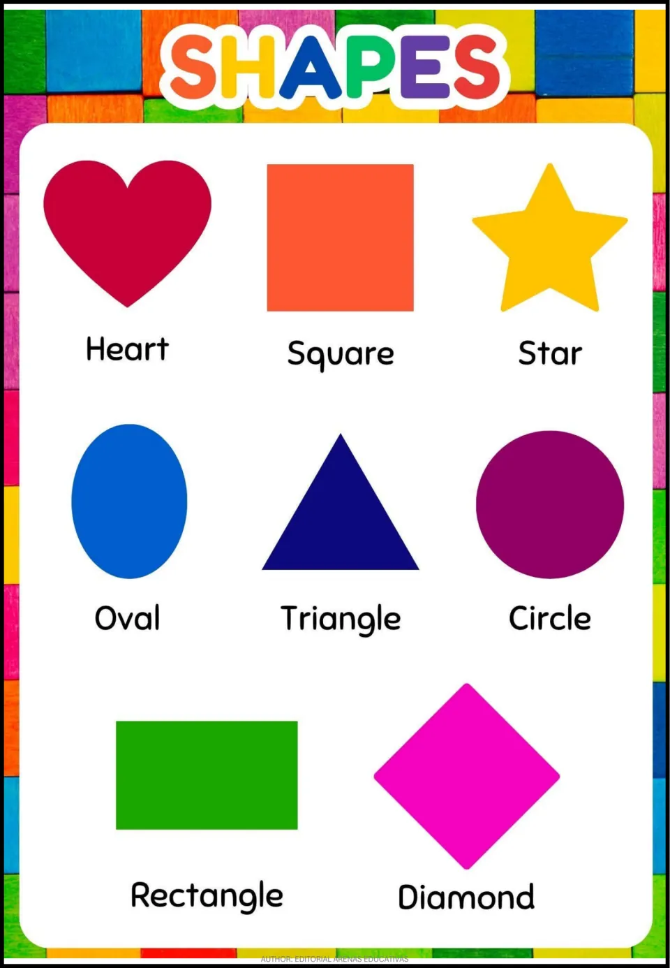 Shape vocabulary page labeling a heart, square, star, oval, triangle, circle, rectangle, and diamond