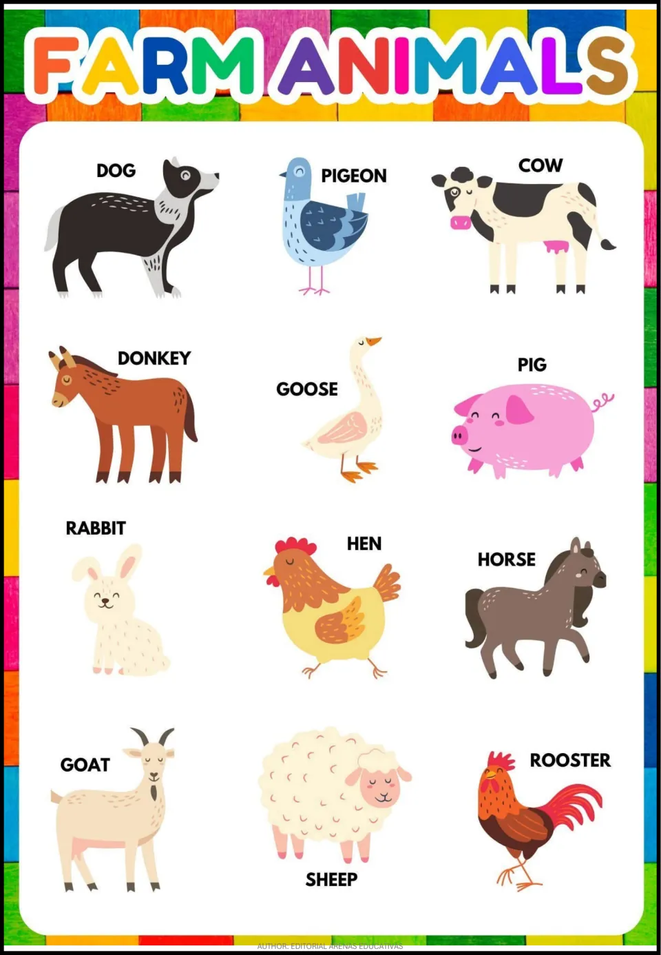 Farm animal vocabulary page with 12 labeled pictures, including dog, pigeon, cow, donkey, goose, and pig