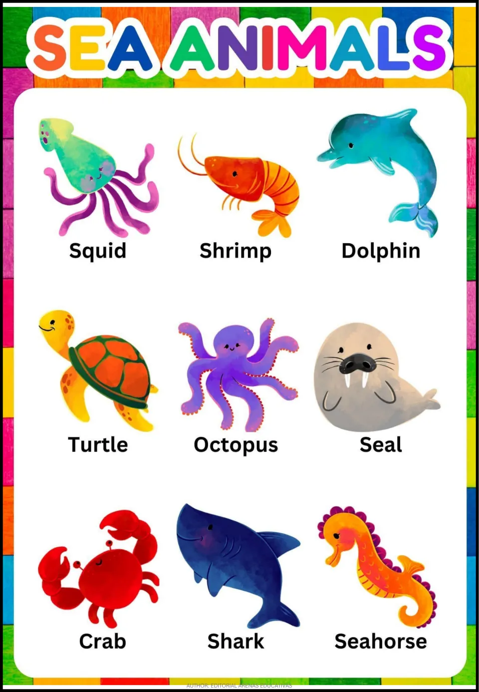 Sea animal vocabulary page with nine labeled pictures, including squid, shrimp, dolphin, turtle, and octopus