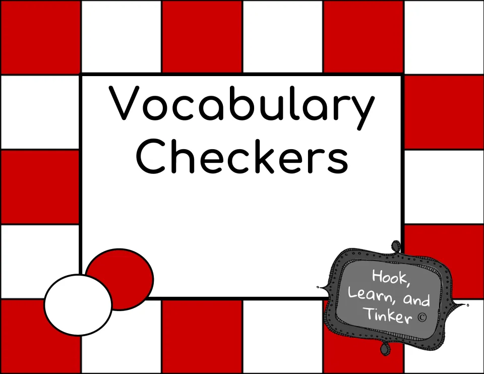 Cover of the vocabulary game labeled 'Vocabulary Checkers' and credited to Hook, Learn, and Tinker