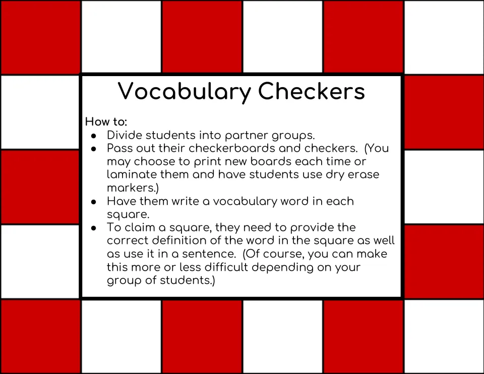 Game directions: partners write vocabulary words, then define each word and use it in a sentence to claim a square