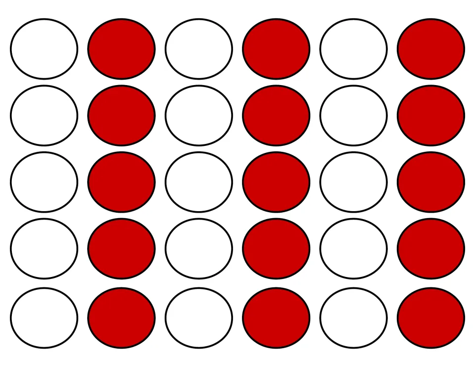Checker piece sheet for the vocabulary partner game, containing 15 red and 15 white circular playing pieces