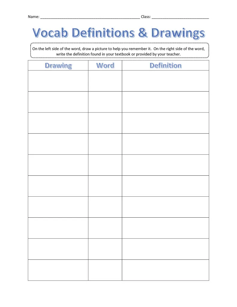 Vocabulary Definitions & Drawings Worksheets – cover