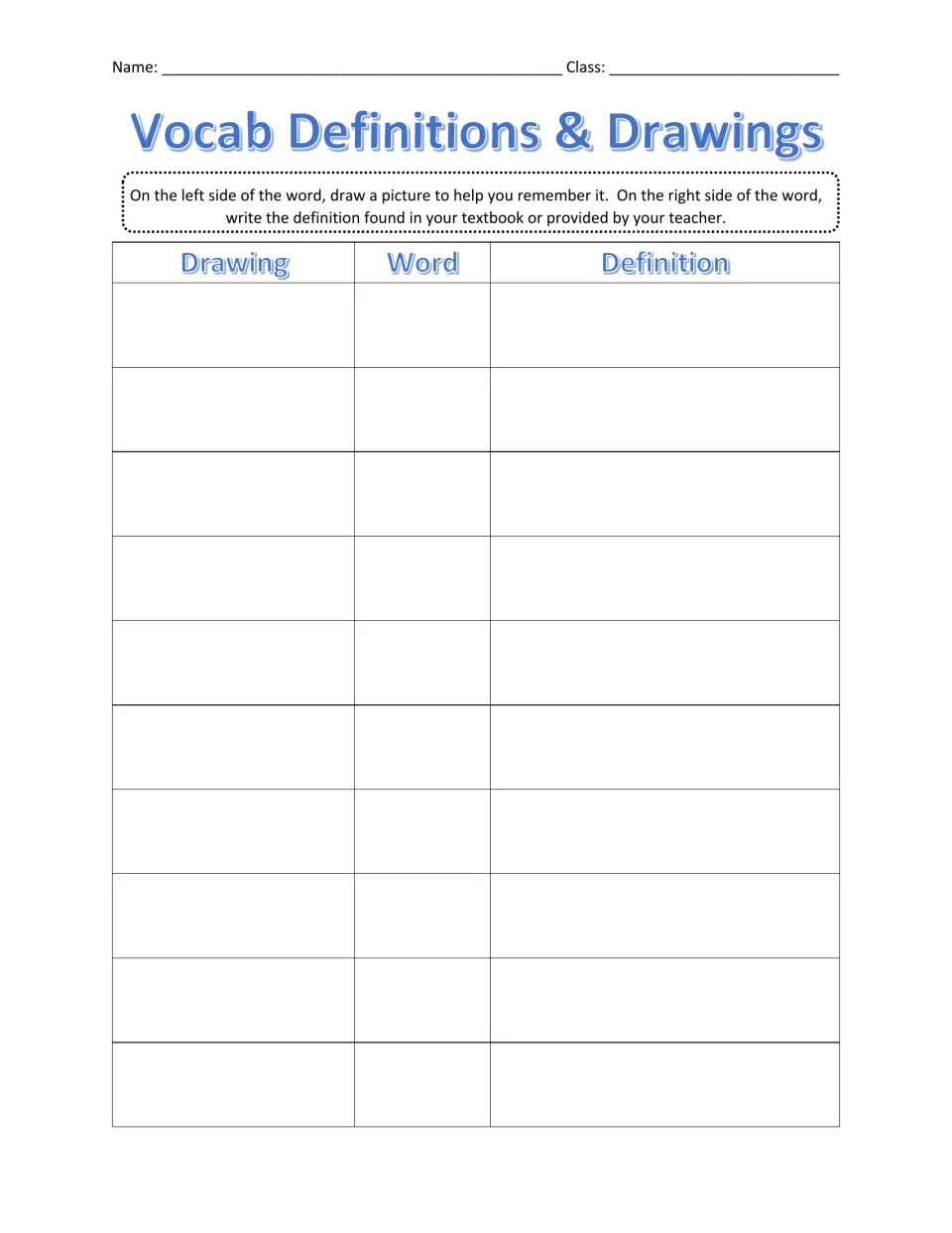 Vocabulary chart for 10 words: students draw a memory picture, write each word and copy its definition from the text