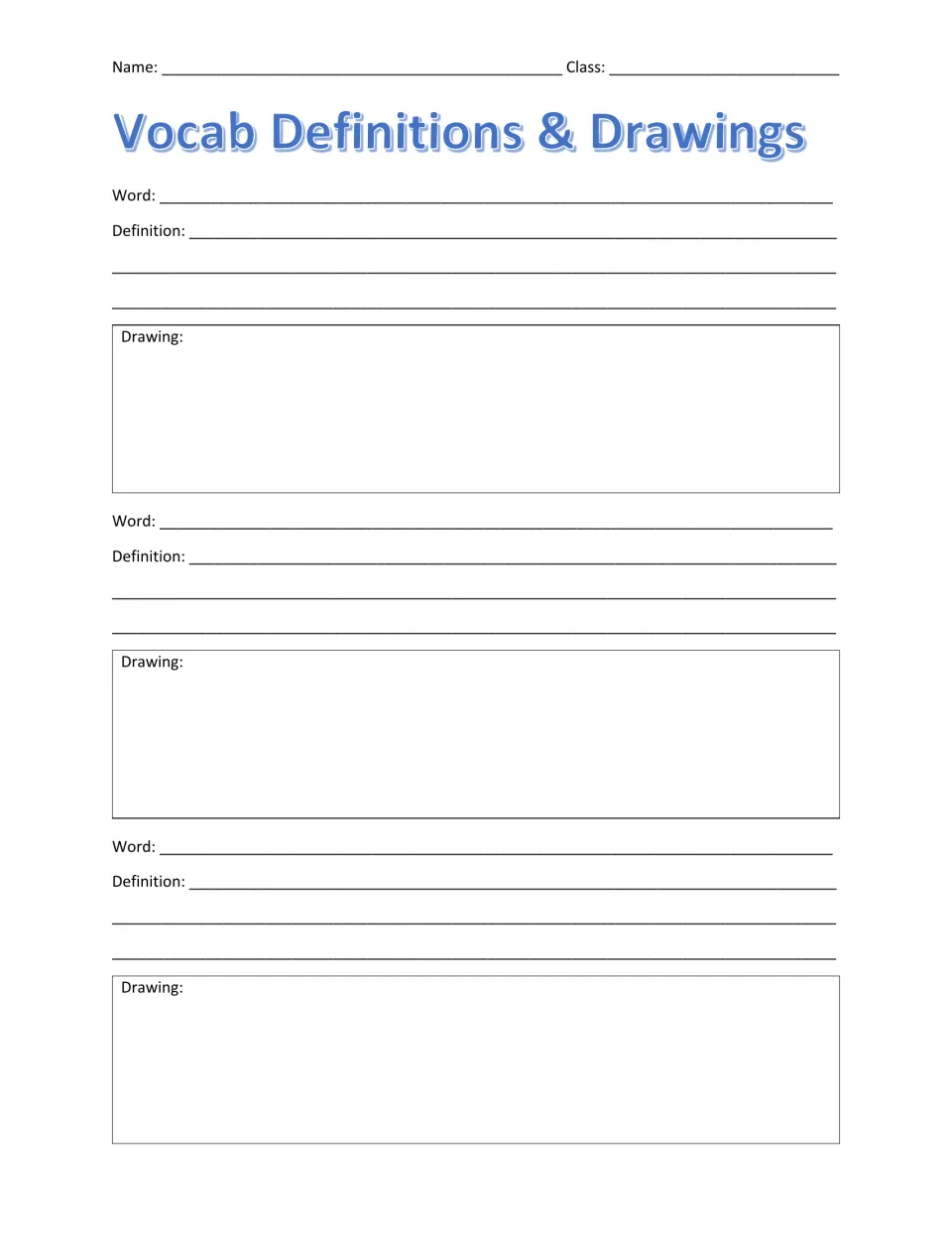 Vocabulary practice for 3 words: students write each word and its definition, then draw a picture to remember it