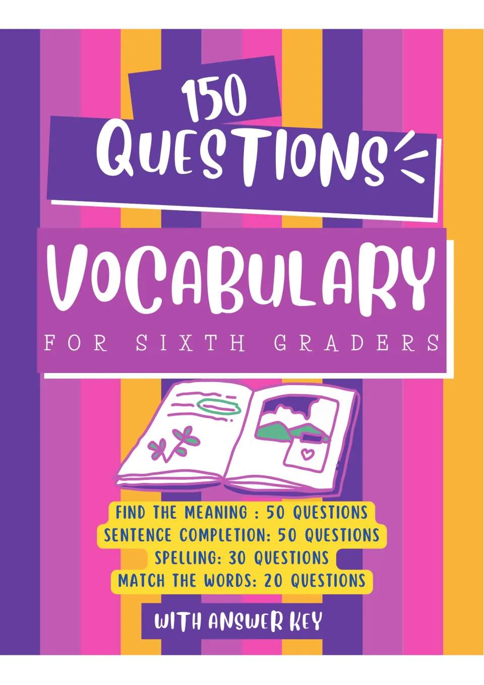 Cover of a sixth-grade vocabulary packet listing 150 questions in four activity sections and an answer key
