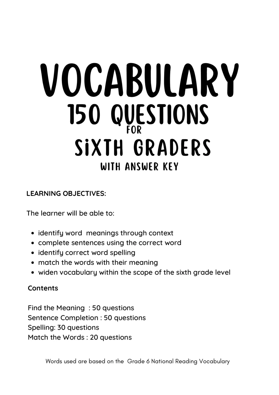 Vocabulary packet introduction lists learning objectives, four section counts, and the Grade 6 word source
