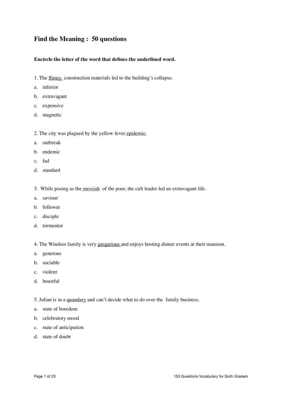 Find the Meaning questions 1–5 ask students to define flimsy, epidemic, messiah, gregarious, and quandary