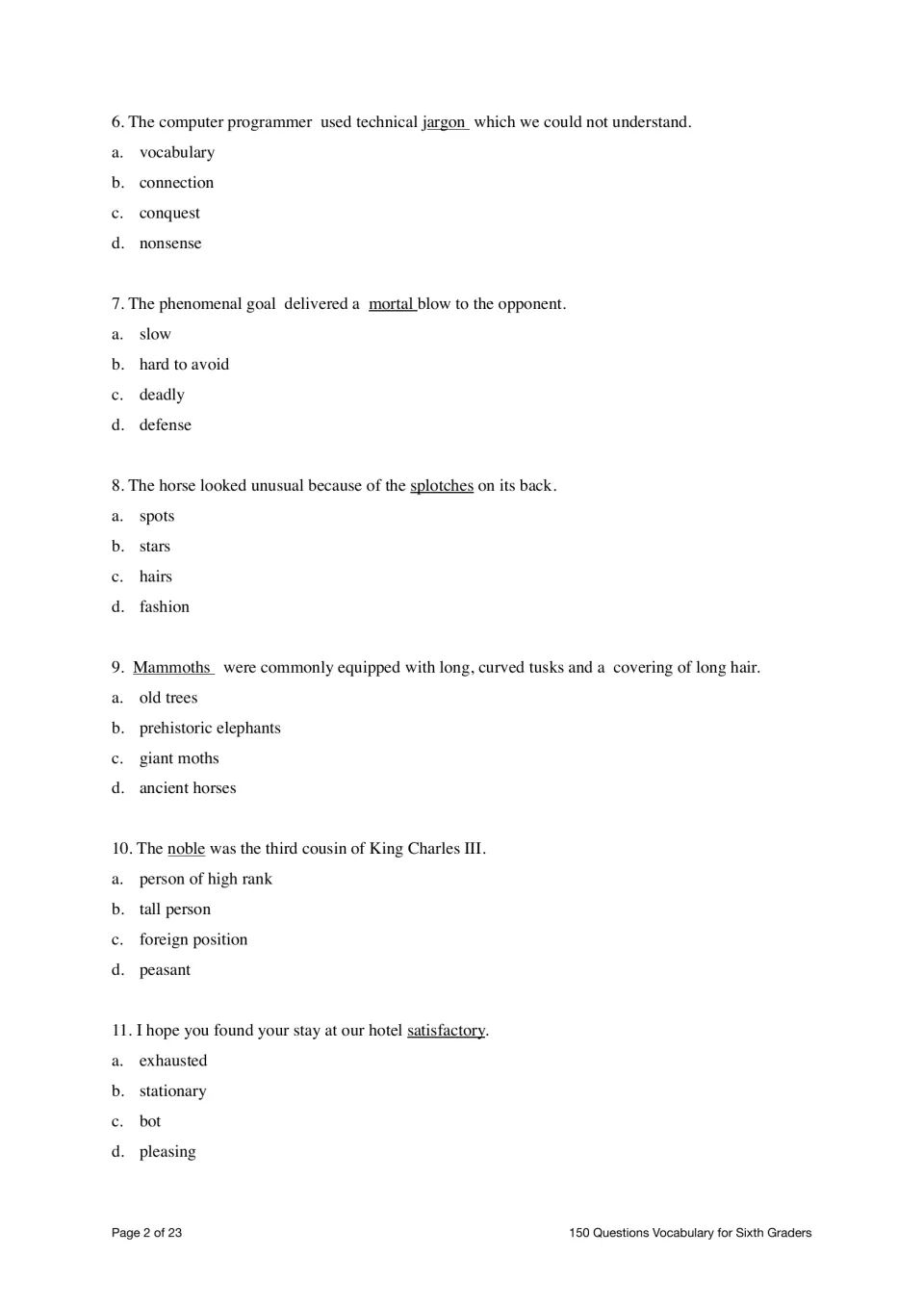 Find the Meaning questions 6–11 ask for definitions of jargon, mortal, splotches, mammoths, and two more