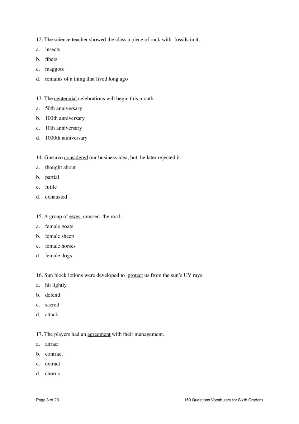 Find the Meaning questions 12–17 cover fossils, centennial, considered, ewes, protect, and agreement