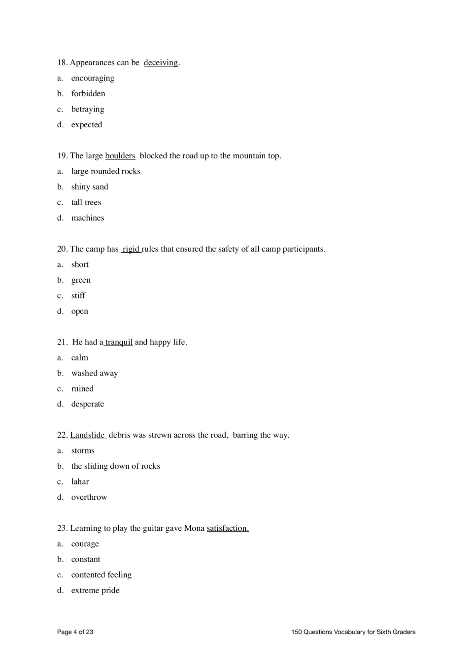 Find the Meaning questions 18–23 cover deceiving, boulders, rigid, tranquil, landslide, and satisfaction