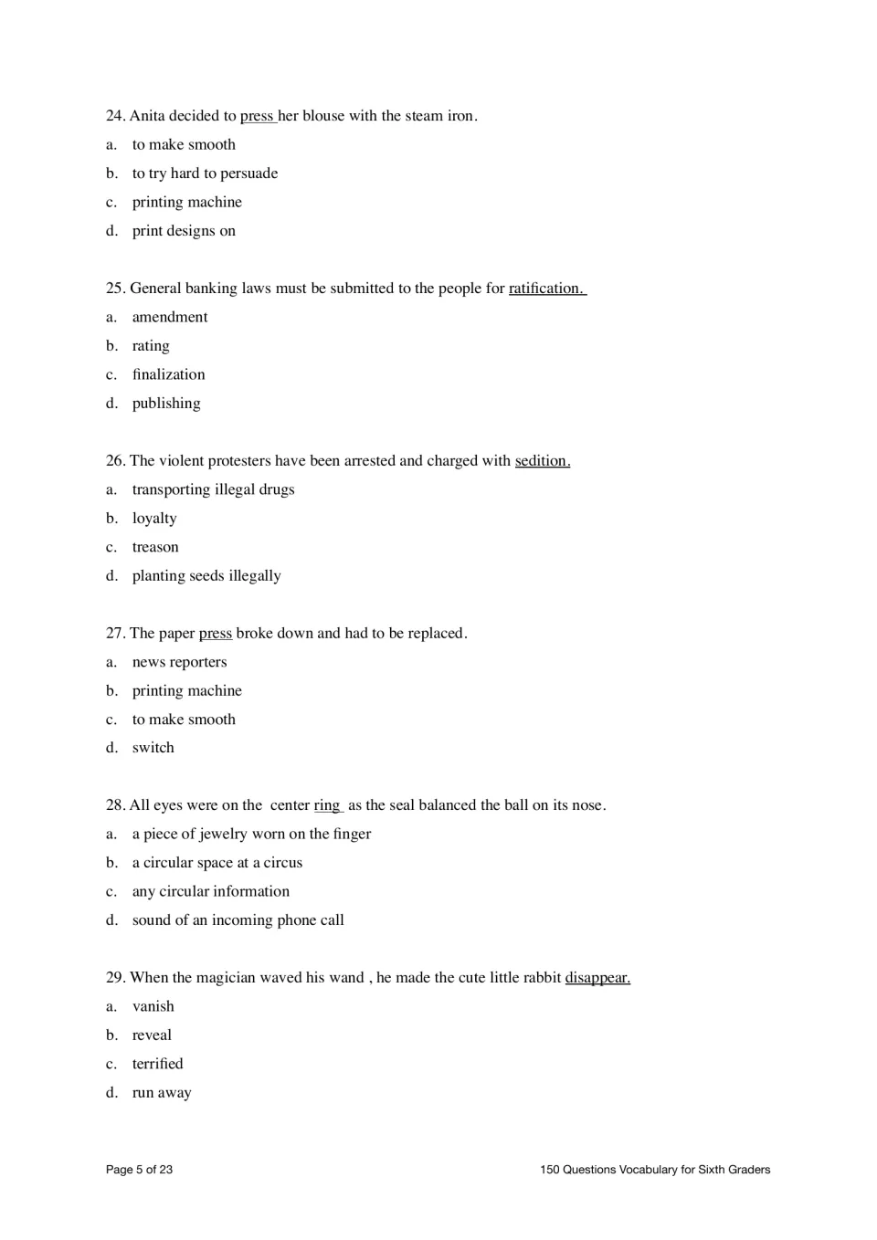 Find the Meaning questions 24–29 cover two meanings of press, plus ratification, sedition, ring, and disappear