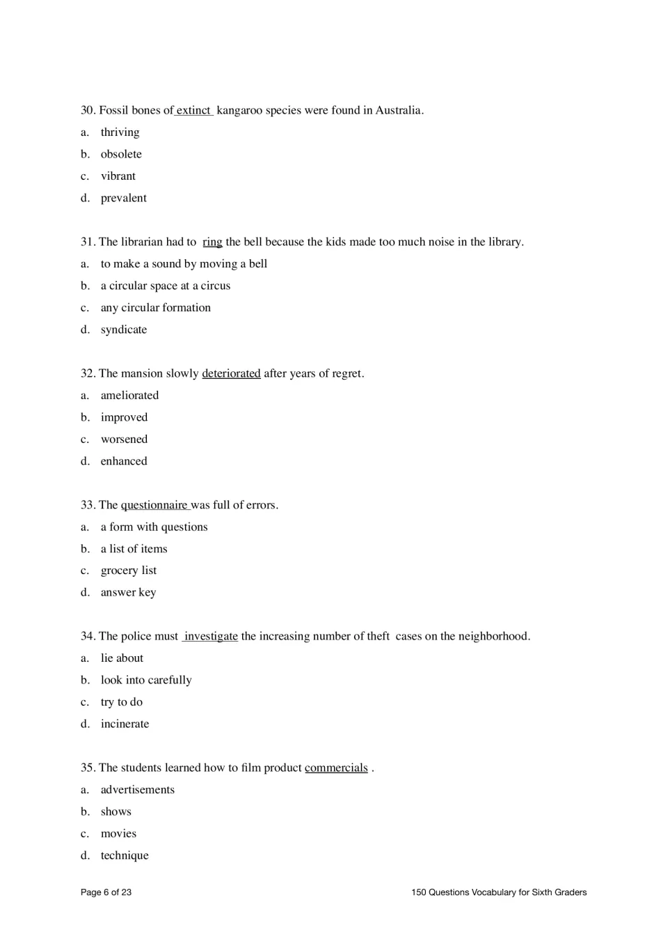 Find the Meaning questions 30–35 cover extinct, ring, deteriorated, questionnaire, investigate, and commercials