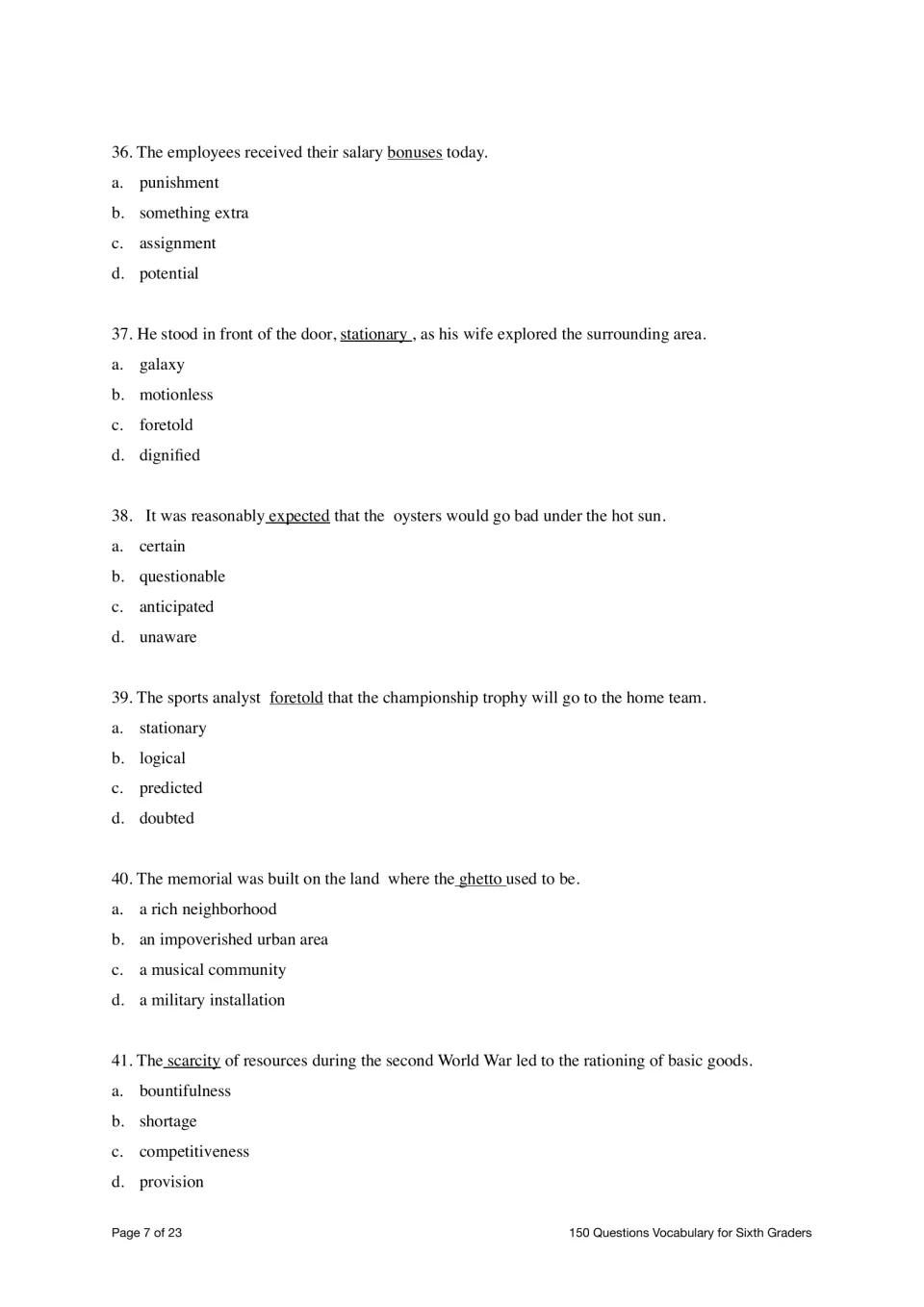 Find the Meaning questions 36–41 cover bonuses, stationary, expected, foretold, ghetto, and scarcity