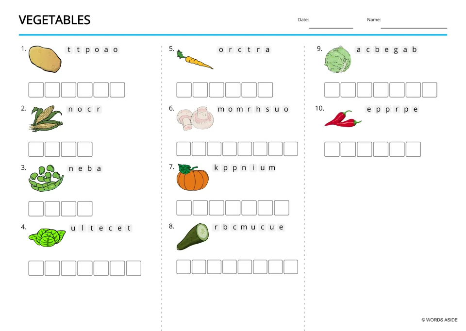 Lowercase vegetable anagrams under a Vegetables heading: potato, corn, bean, lettuce, and six more