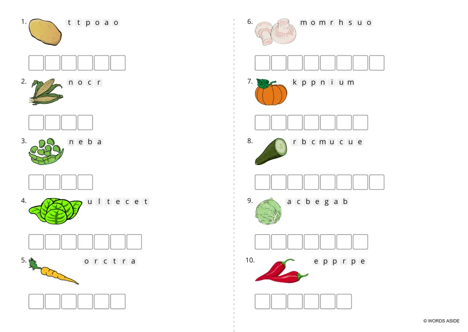 Lowercase vegetable anagram practice without a header: carrot, mushroom, pumpkin, and seven more