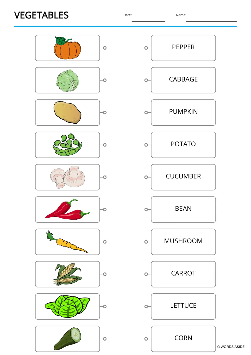 Uppercase vegetable matching sheet with a header pairs 10 pictures with words including PEPPER and CORN