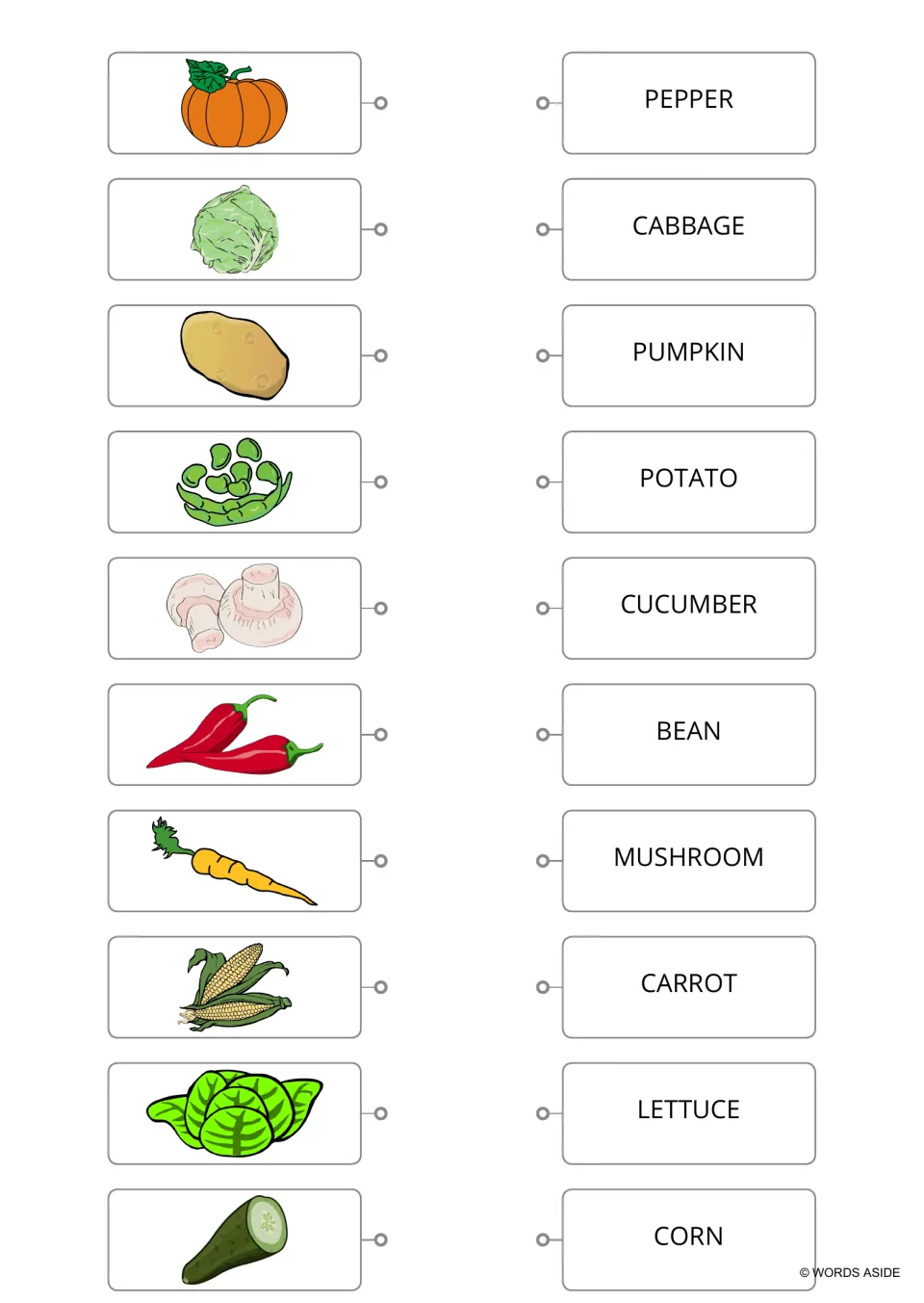 Uppercase vegetable matching sheet without a header pairs 10 pictures with words including CUCUMBER
