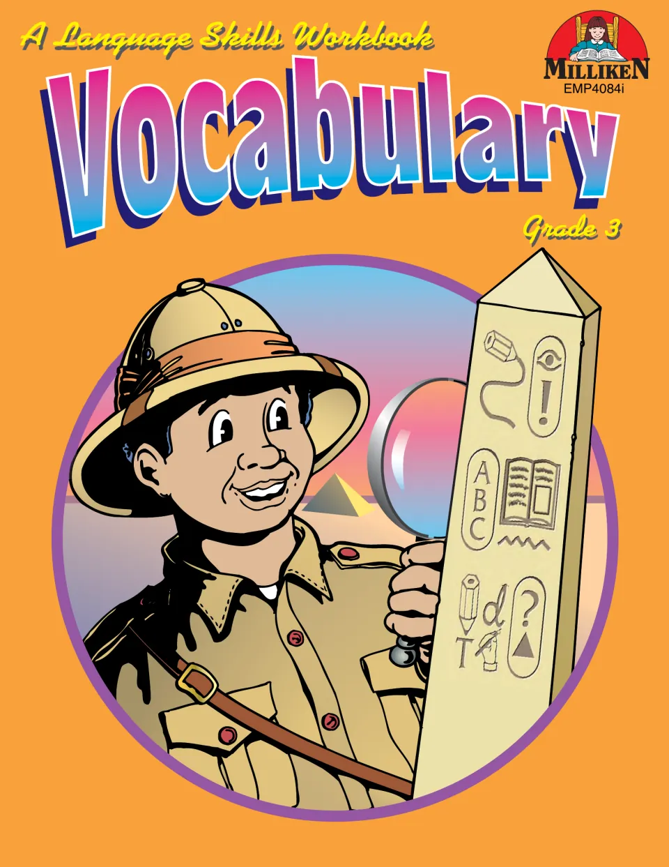 Vocabulary Grade 3 cover: a Milliken language skills workbook showing an explorer with a magnifying glass at an obelisk