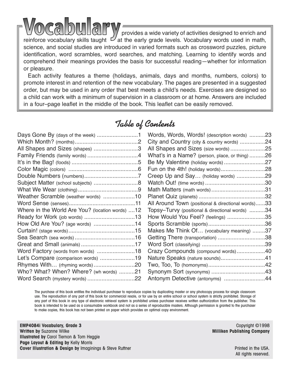 Workbook overview and table of contents listing 44 themed vocabulary activities, from days of the week to antonyms