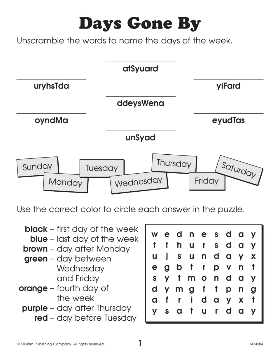 Days of the week: students unscramble seven day names, then circle each one in a word search using a color clue code