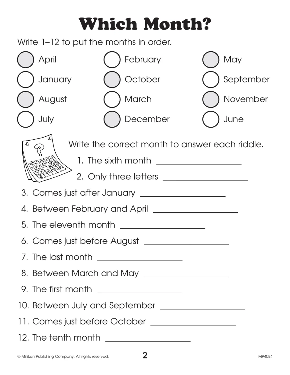 Months of the year: students number the 12 months in order, then write the month that answers each of 12 riddles