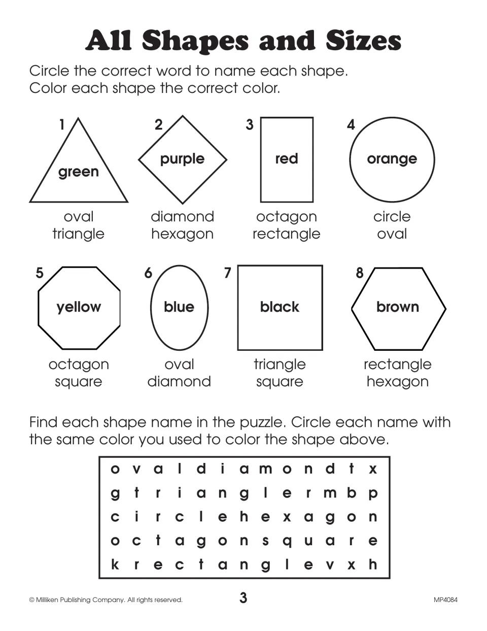 Shape names: students circle the correct name for eight shapes, color each one, then find the names in a word search