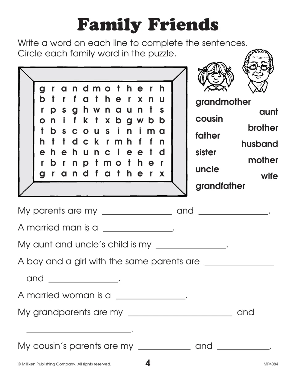 Family words: students find 11 relative names in a word search and complete sentences such as A married man is a ___