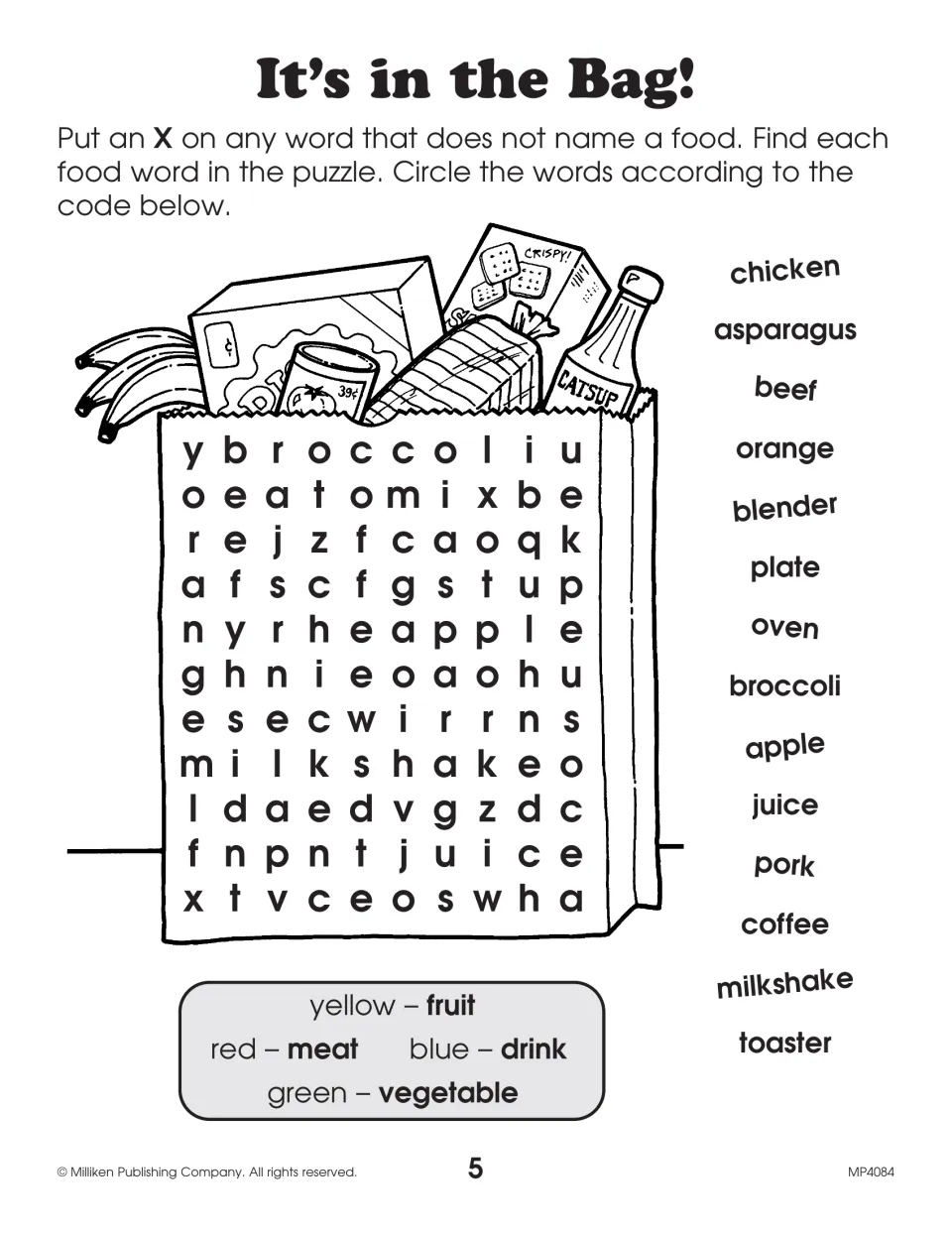 Food words: students cross out non-food words, then circle foods in a word search coded as fruit, meat, drink or vegetable