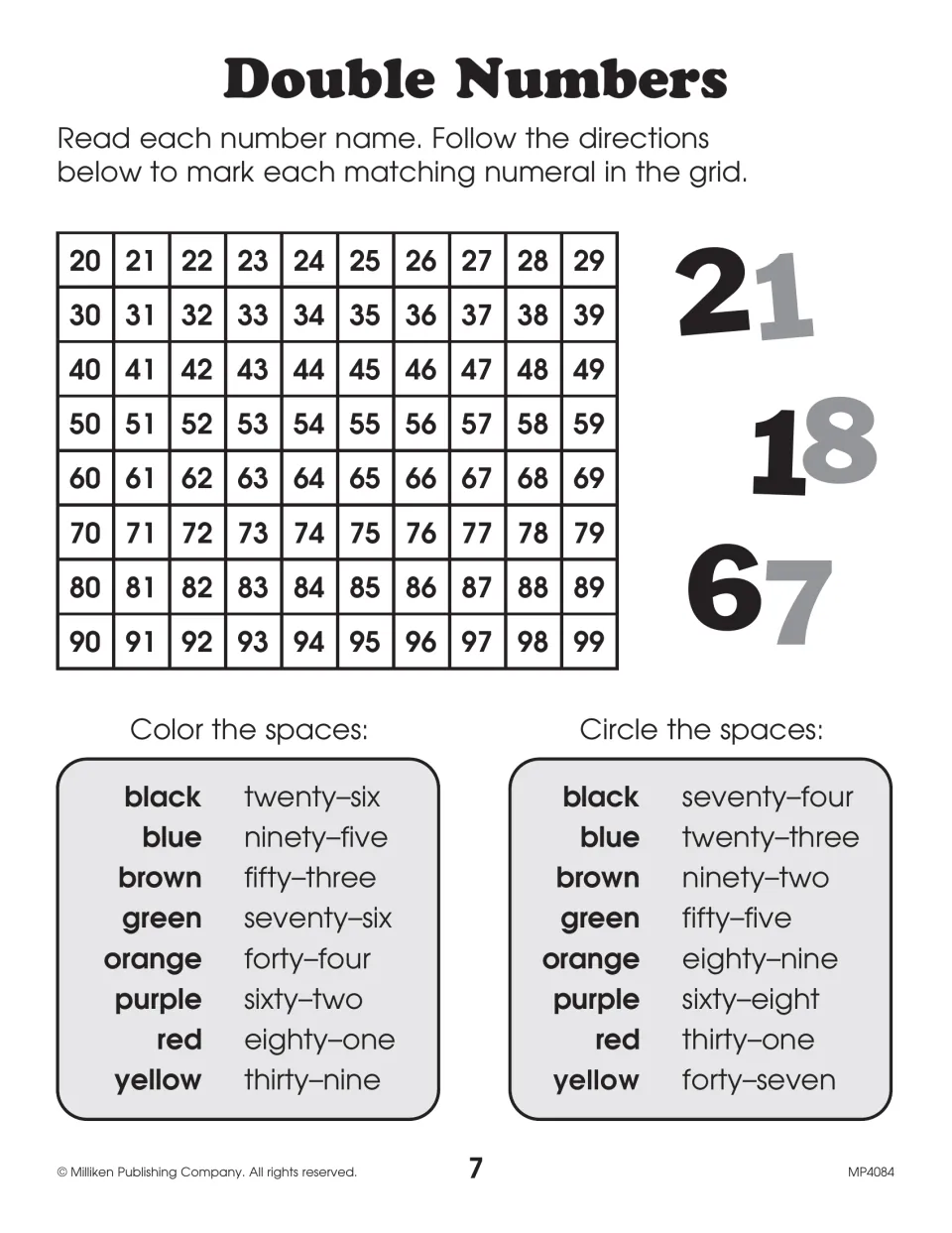 Number words: students read number names like twenty-six and color or circle the matching numeral on a 20 to 99 chart
