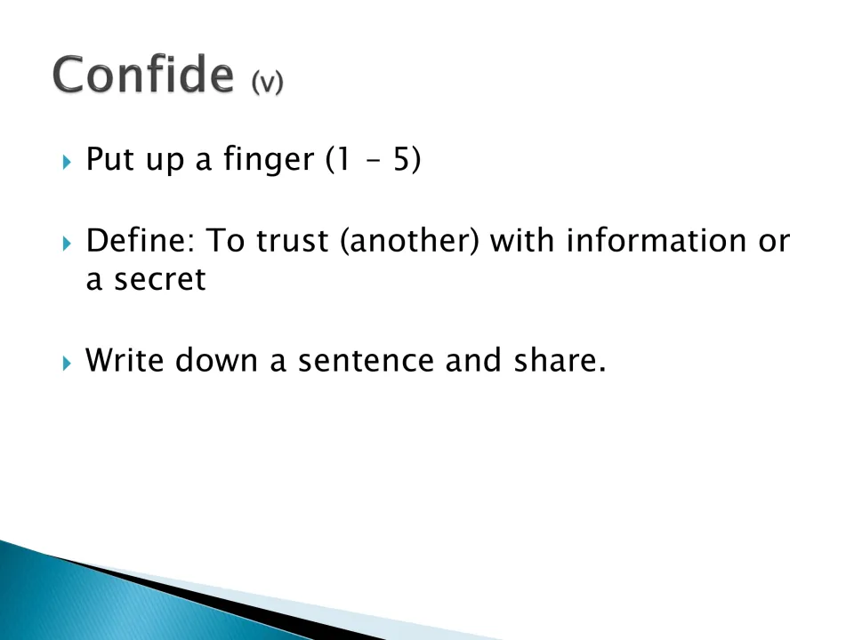 Confide (v), to trust another with information or a secret: students rate familiarity 1 to 5 and write a sentence to share