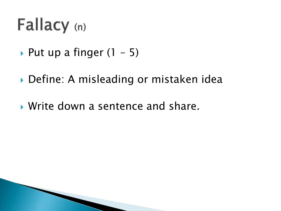 Fallacy (n), a misleading or mistaken idea: students hold up 1 to 5 fingers to show familiarity, then write a sentence