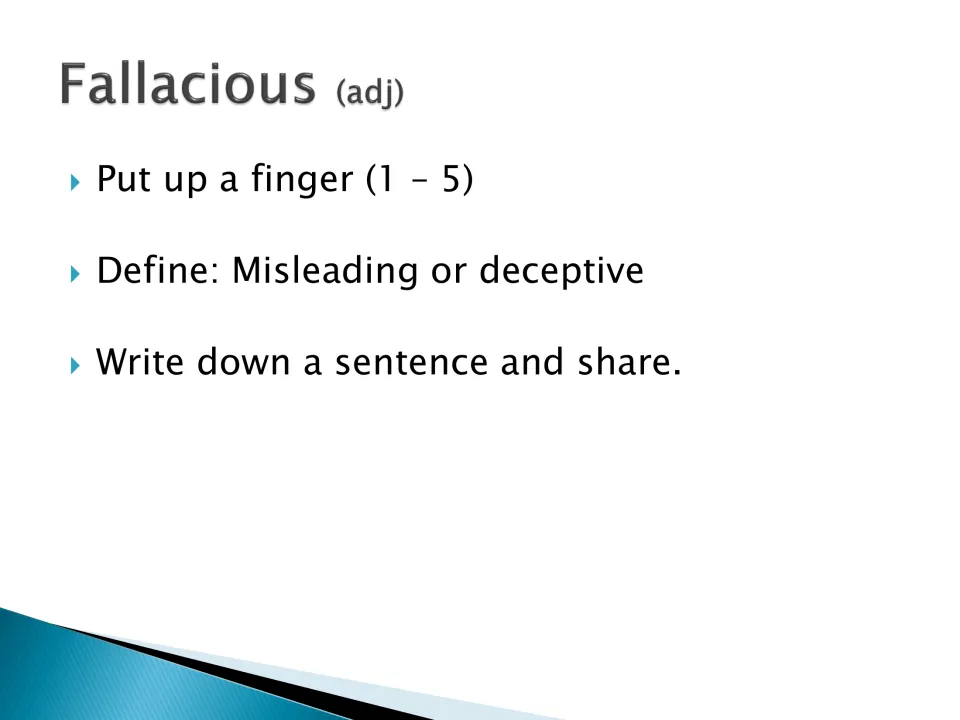 Fallacious (adj), meaning misleading or deceptive: students rate how well they know the word 1 to 5 and compose a sentence