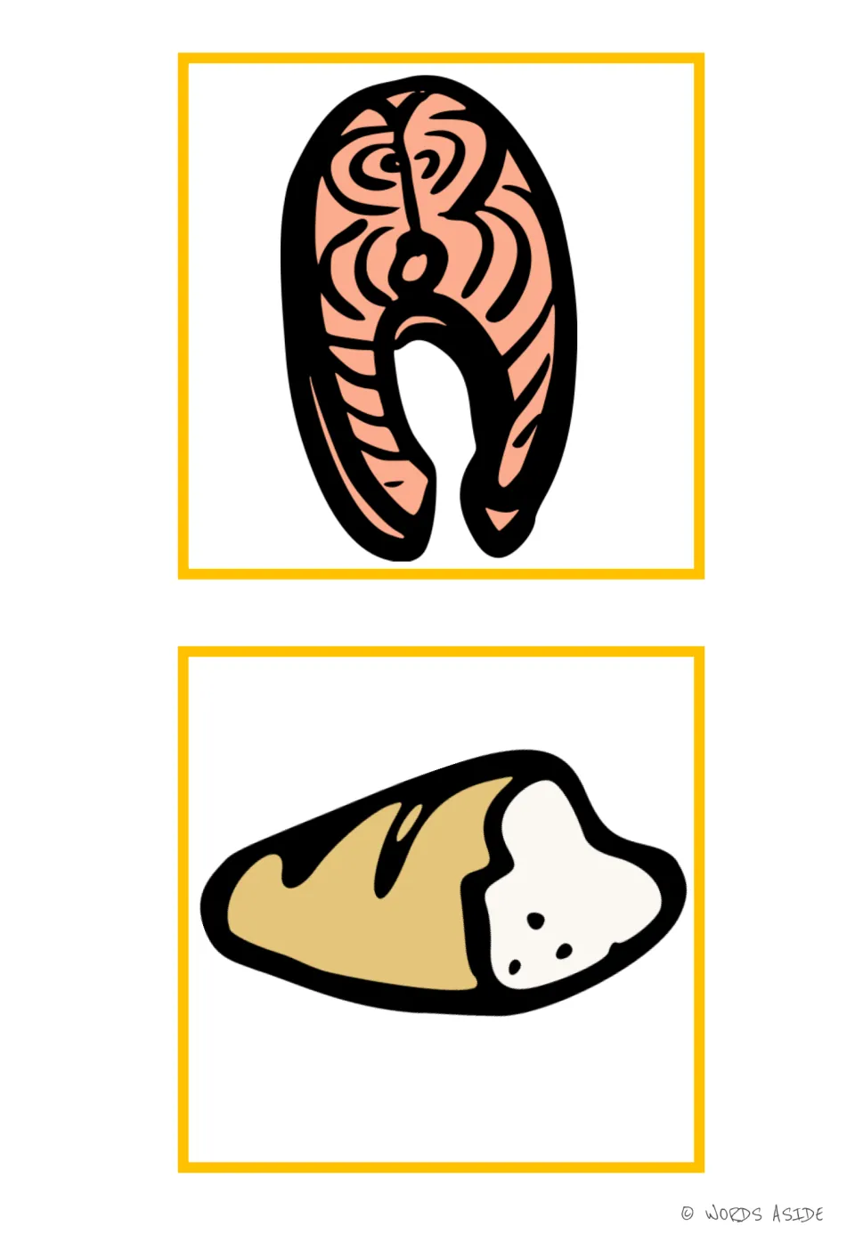 Food vocabulary flashcards 1–2: a fish steak and a loaf of bread, illustrated in color without word labels