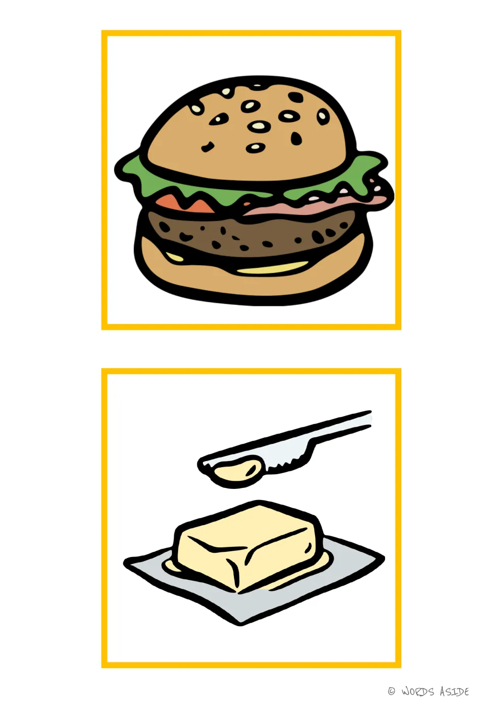Food vocabulary flashcards 3–4: a hamburger and butter on a wrapper with a knife, both shown without word labels