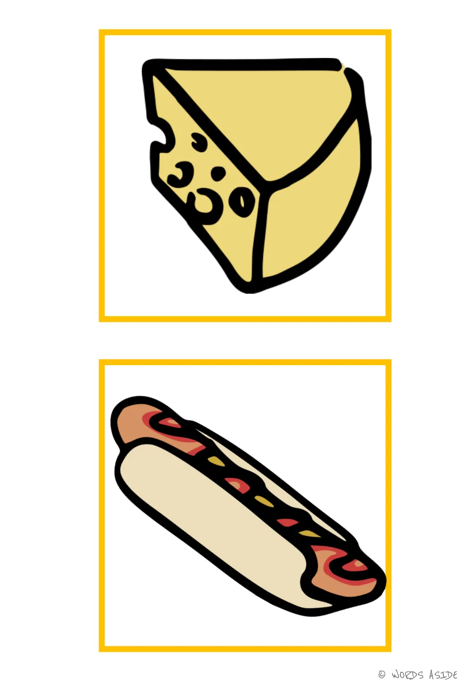 Food vocabulary flashcards 5–6: a wedge of cheese and a hot dog in a bun, shown in color without word labels
