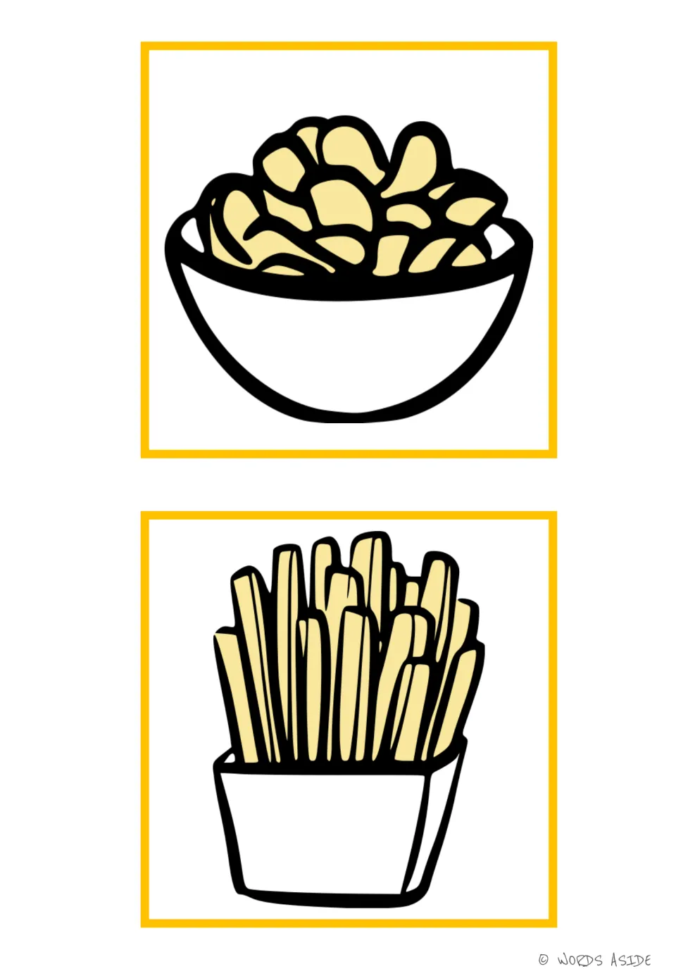 Food vocabulary flashcards 7–8: a bowl of potato chips and a carton of French fries, without word labels
