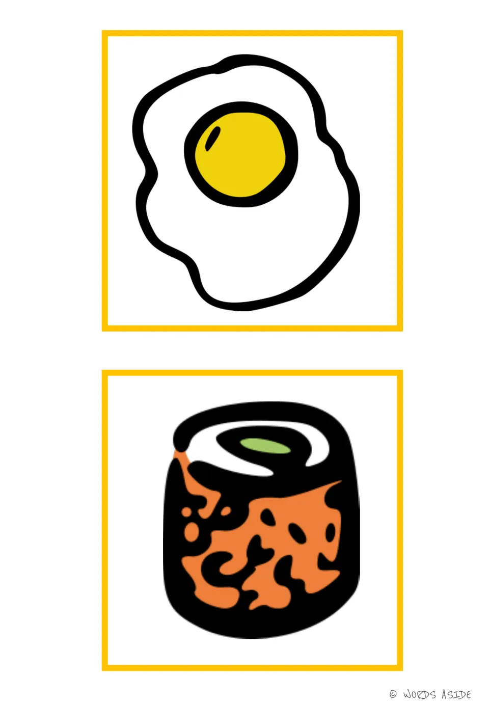 Food vocabulary flashcards 9–10: a fried egg and a sushi roll, illustrated in color without word labels