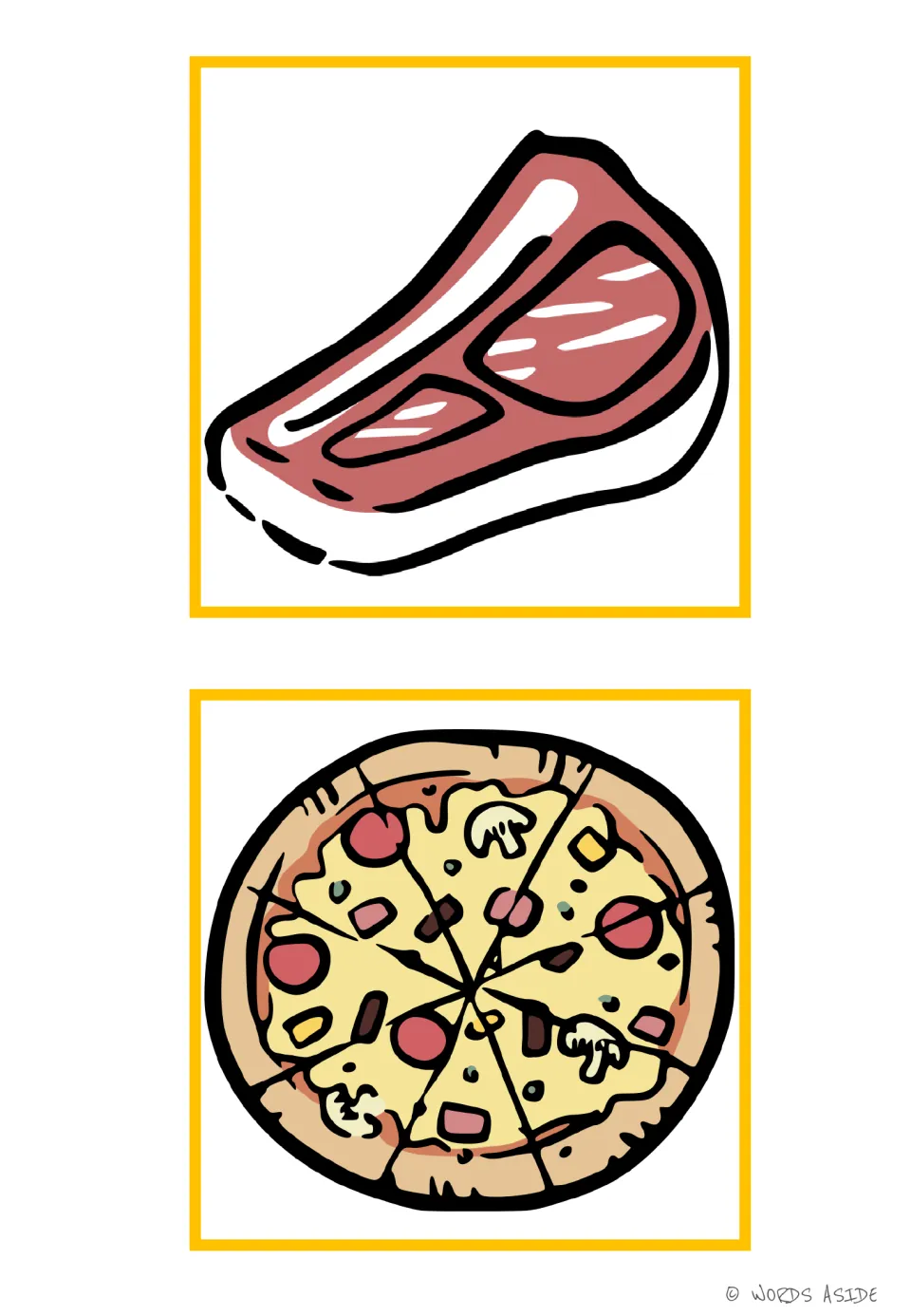 Food vocabulary flashcards 11–12: a meat steak and a whole pizza cut into slices, without word labels